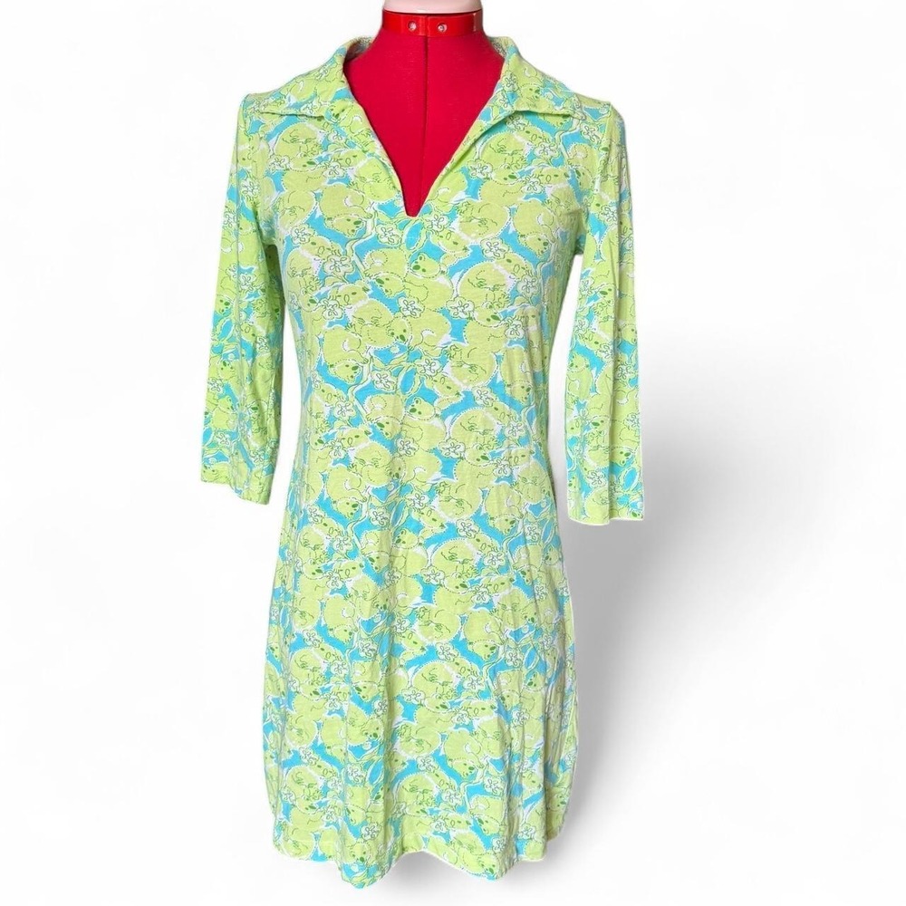 Barbara Gerwit Vintage Green Blue Koala Print Collared V-Neck Dress Womens S
